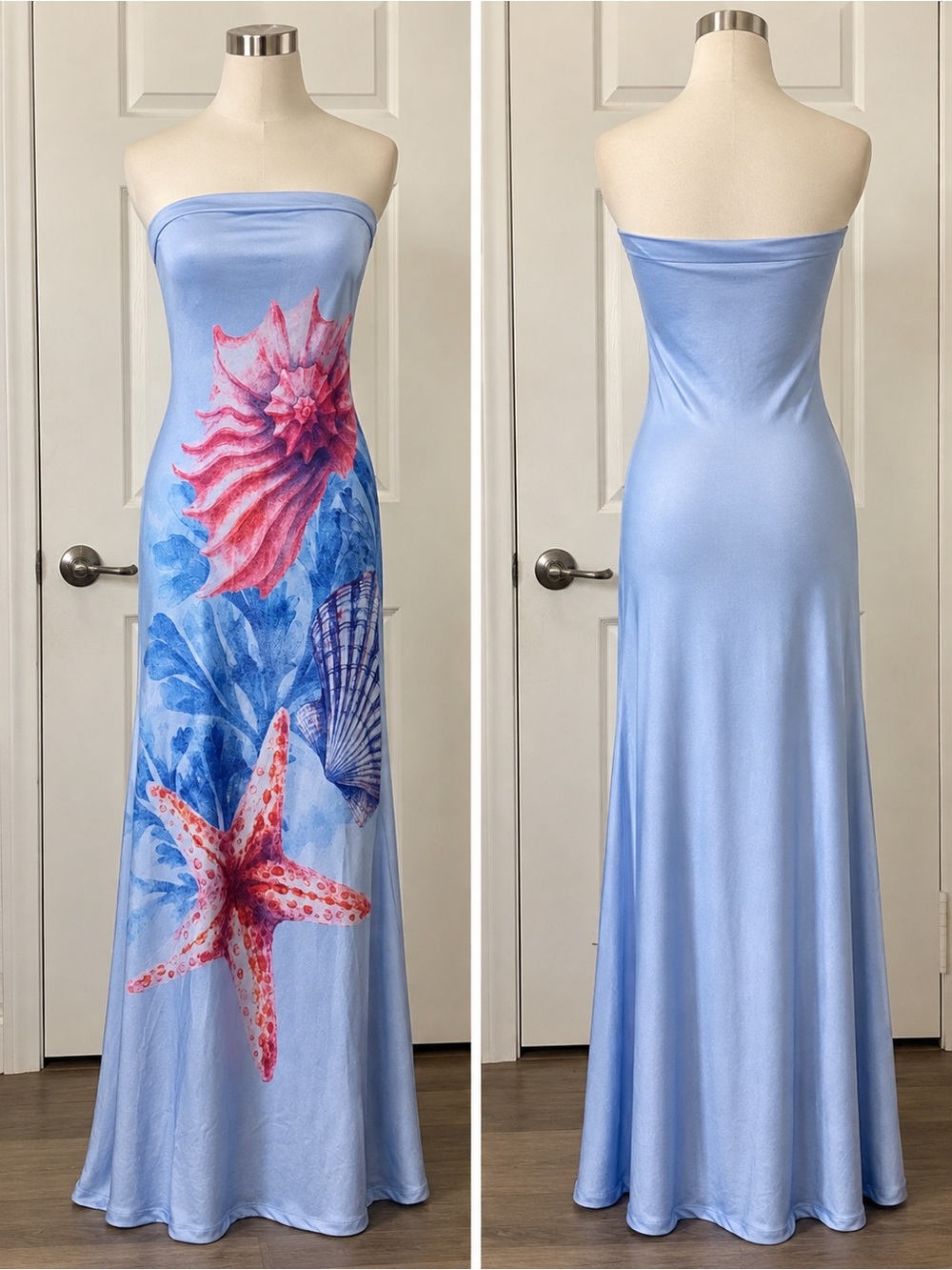 Strapless Sea Life Maxi Dress - Light Blue with Coral Print